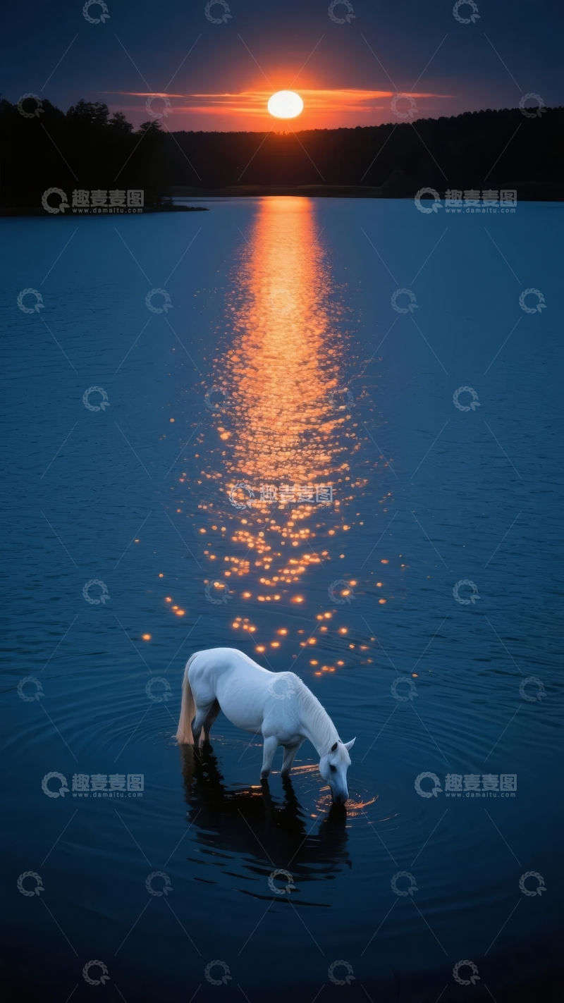 高清大图下载【趣麦麦图】夕阳下白马在湖中饮水的宁静画面