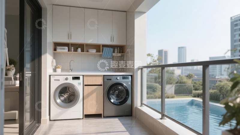 高清大图下载【趣麦麦图】现代阳台洗衣区配备洗衣机和储物柜