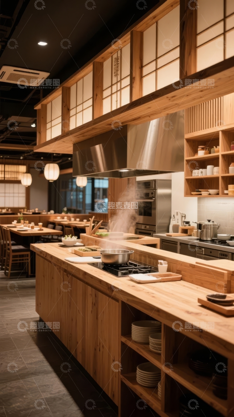 高清大图下载【趣麦麦图】现代日式风格餐厅厨房与用餐区