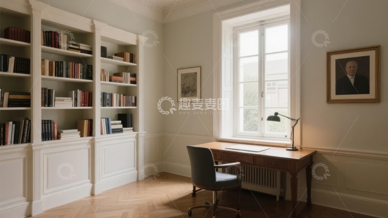 高清大图下载【趣麦麦图】典雅书房内书架排列整齐窗户透进自然光