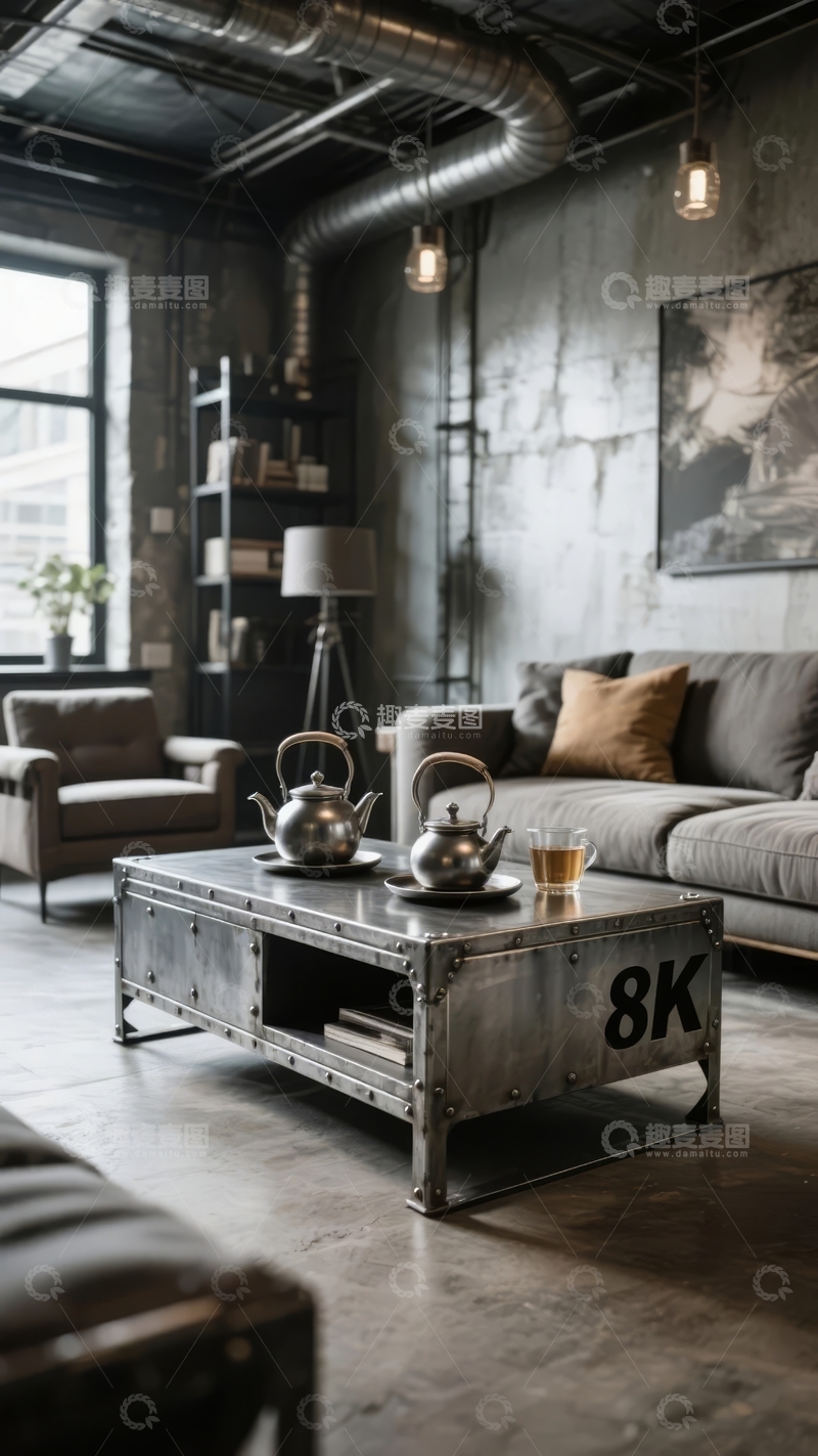 高清大图下载【趣麦麦图】工业风客厅空间灰色沙发与金属咖啡桌