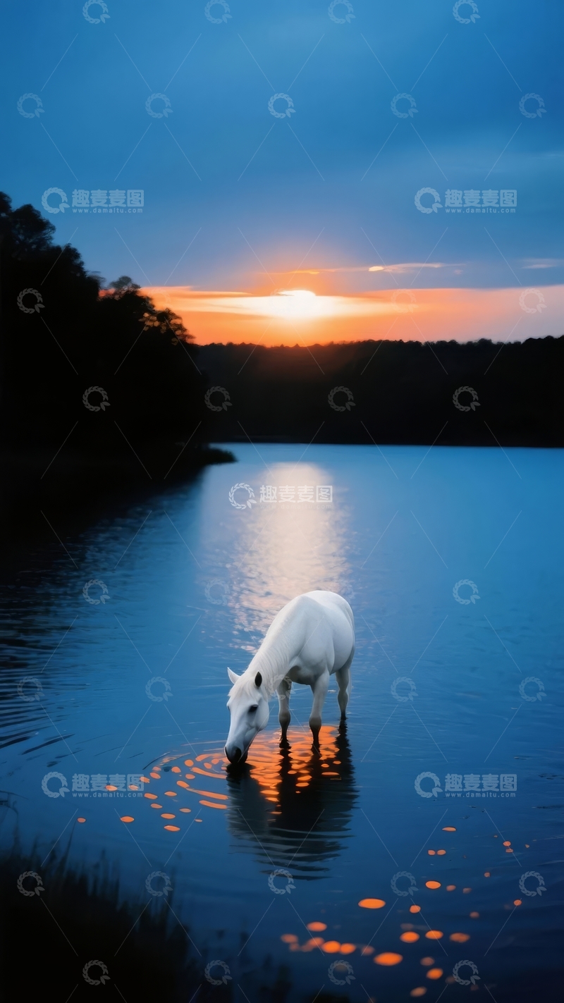 高清大图下载【趣麦麦图】白马在湖边日落时分饮水