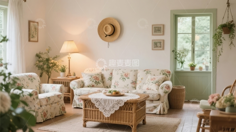 高清大图下载【趣麦麦图】温馨田园风格客厅布置有花卉沙发和木质家具