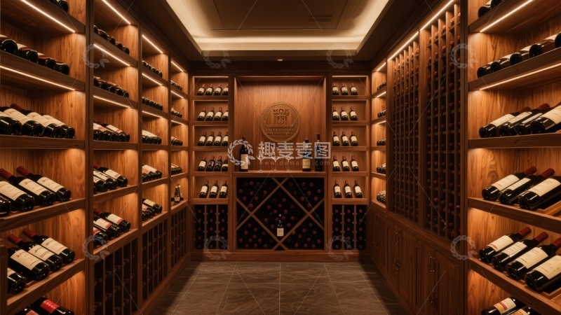 高清大图下载【趣麦麦图】豪华酒窖内陈列着整齐排列的各式葡萄酒瓶