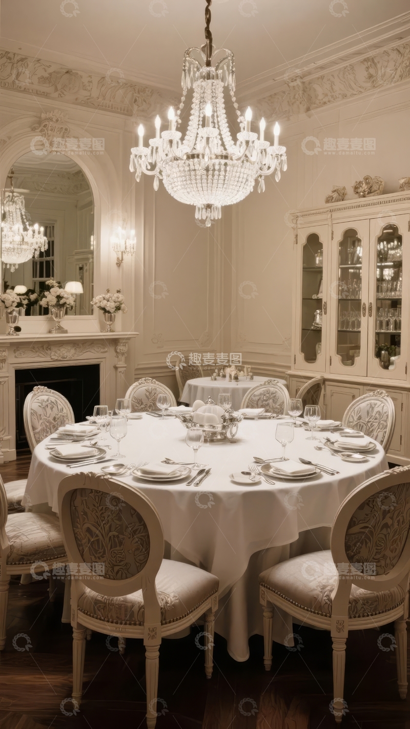 高清大图下载【趣麦麦图】-典雅复古风格餐厅内景布置精美餐桌与华丽吊灯