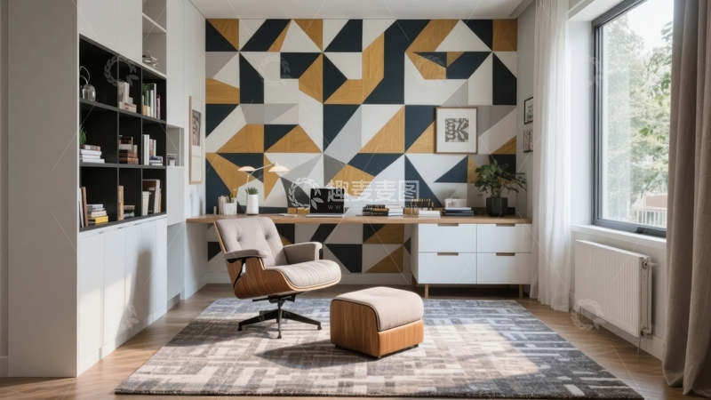 高清大图下载【趣麦麦图】现代风格书房墙面几何图案装饰书桌椅组合
