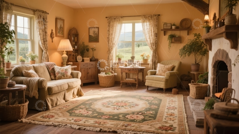 高清大图下载【趣麦麦图】温馨乡村风格客厅内景装饰有沙发地毯和绿植