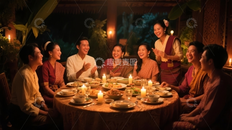 高清大图下载【趣麦麦图】一群人围坐在烛光晚餐的圆桌旁欢聚