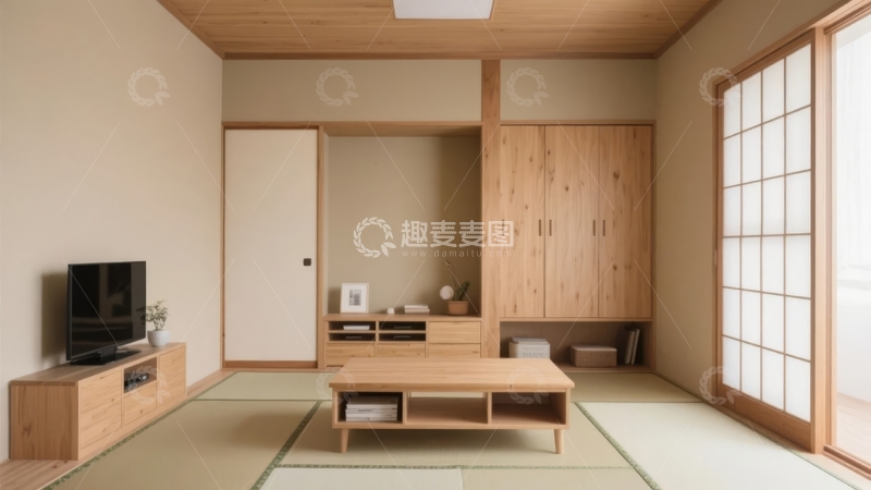 高清大图下载【趣麦麦图】日式风格简约客厅配备木质家具和榻榻米地板