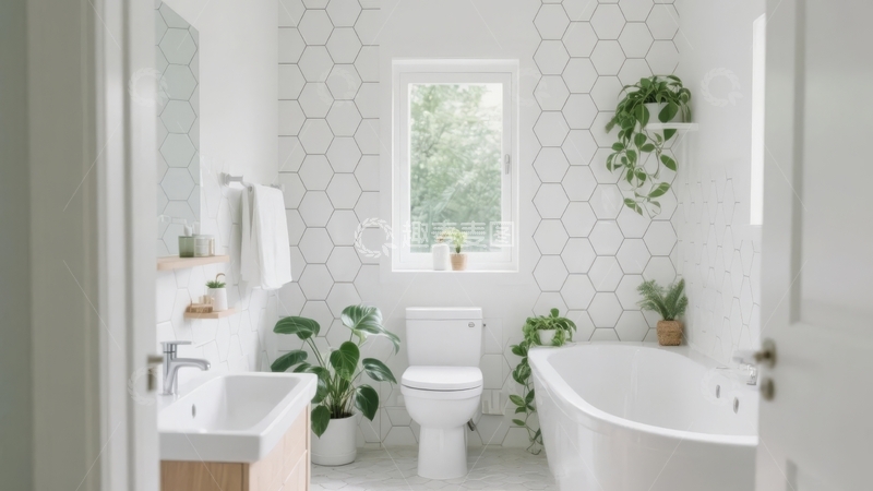 高清大图下载【趣麦麦图】现代简约风格浴室白色墙面绿植点缀