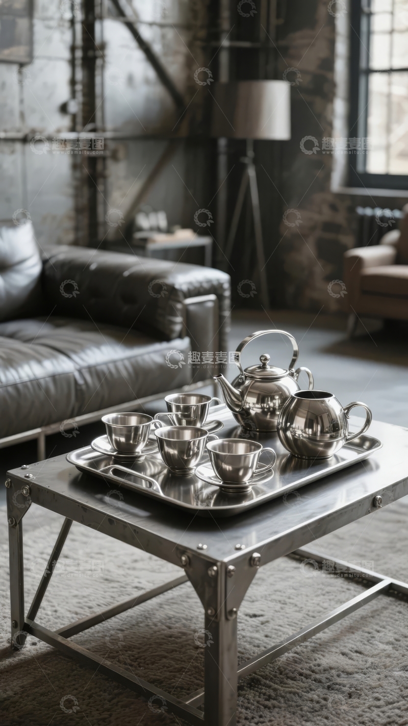 高清大图下载【趣麦麦图】工业风室内场景金属茶具摆放在托盘上
