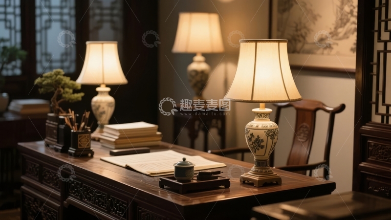 高清大图下载【趣麦麦图】古典风格书房内摆放着雕花木桌和三盏台灯