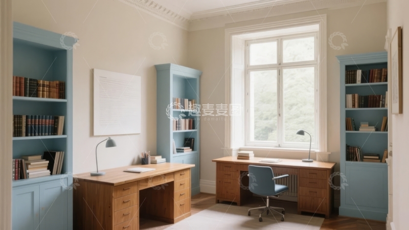 高清大图下载【趣麦麦图】明亮书房内木质书桌与蓝色书架组合