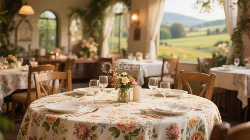高清大图下载【趣麦麦图】-优雅餐厅内景布置精美餐桌与窗外田园风光