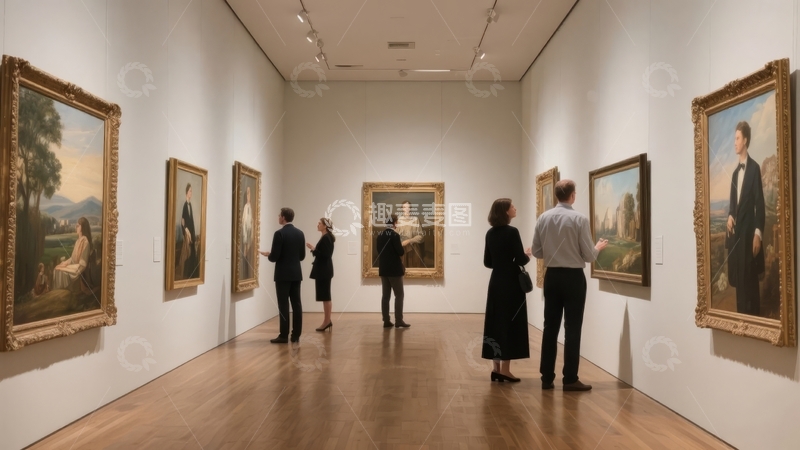 高清大图下载【趣麦麦图】多人在艺术画廊欣赏古典油画作品