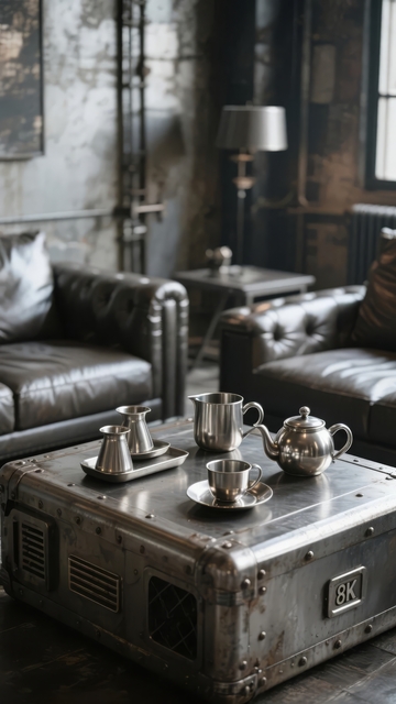 复古工业风客厅摆放着皮革沙发和茶具