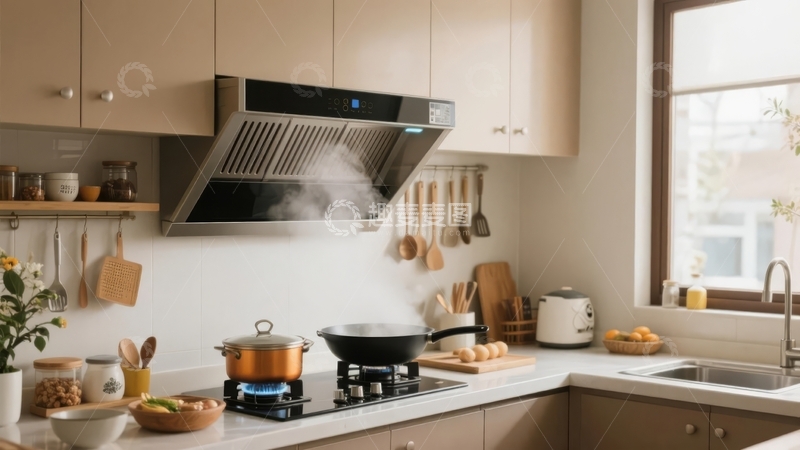 高清大图下载【趣麦麦图】现代厨房中烹饪场景抽油烟机正在运行