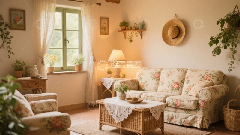 高清大图下载【趣麦麦图】温馨田园风格客厅布置有花卉沙发和绿植装饰