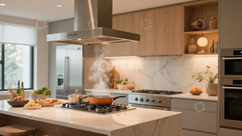 高清大图下载【趣麦麦图】现代厨房中炉灶上烹饪食物蒸汽升起