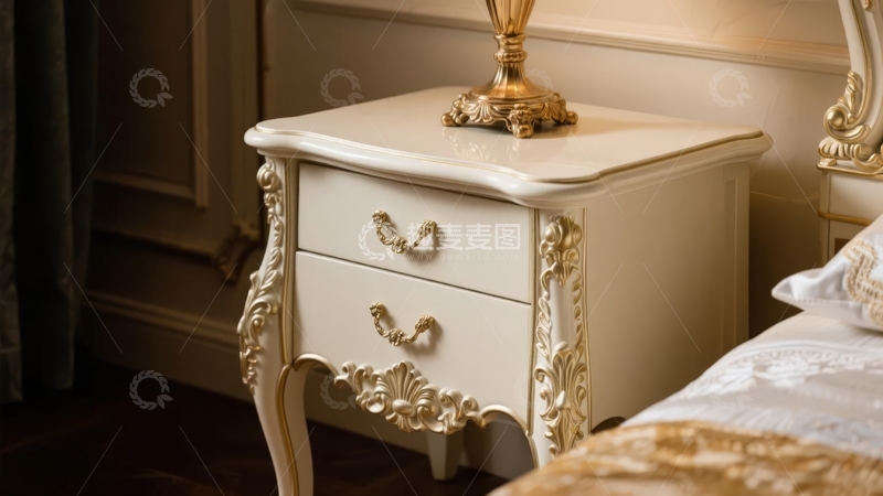 高清大图下载【趣麦麦图】古典风格白色床头柜配金色装饰灯