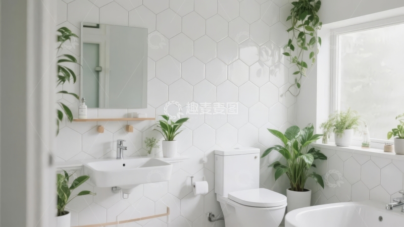 高清大图下载【趣麦麦图】现代简约风格浴室白色瓷砖墙面配绿植装饰