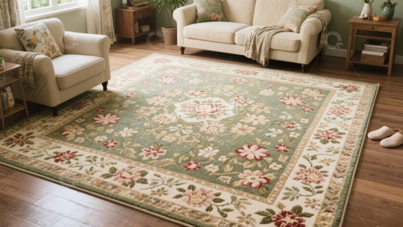 高清大图下载【趣麦麦图】客厅铺有花卉图案地毯搭配米色沙发和木质地板