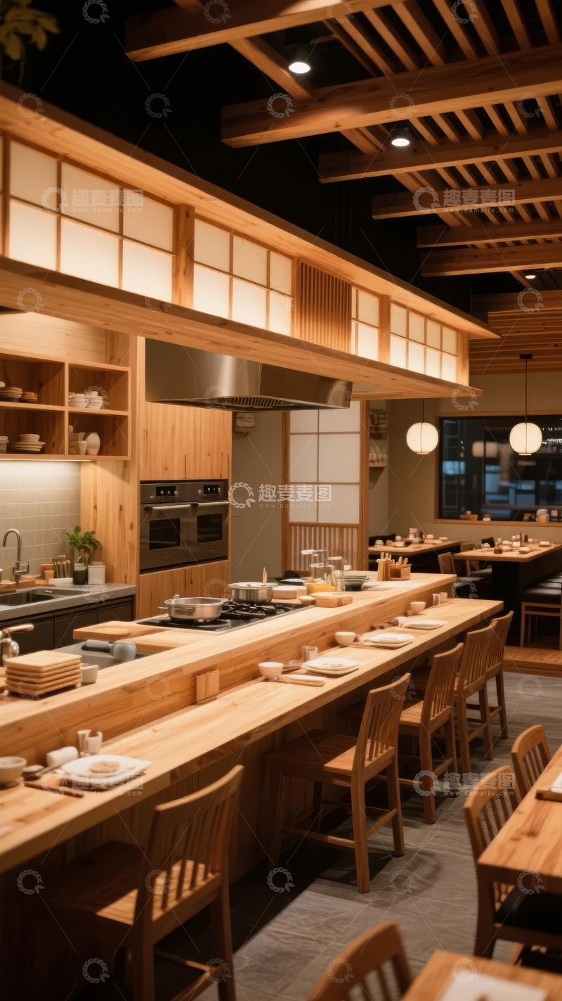 高清大图下载【趣麦麦图】现代日式餐厅内部装潢展示木质结构与温馨灯光