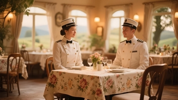身着海军制服的男女在优雅餐厅共进餐
