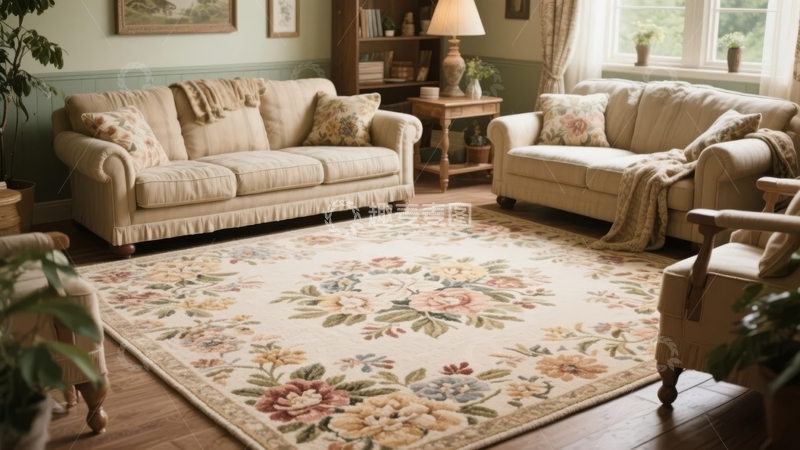 高清大图下载【趣麦麦图】温馨客厅摆放着米色沙发和花卉地毯