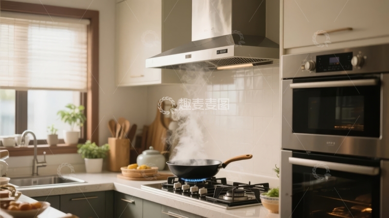 高清大图下载【趣麦麦图】现代厨房中燃气灶上锅具烹饪蒸汽升腾