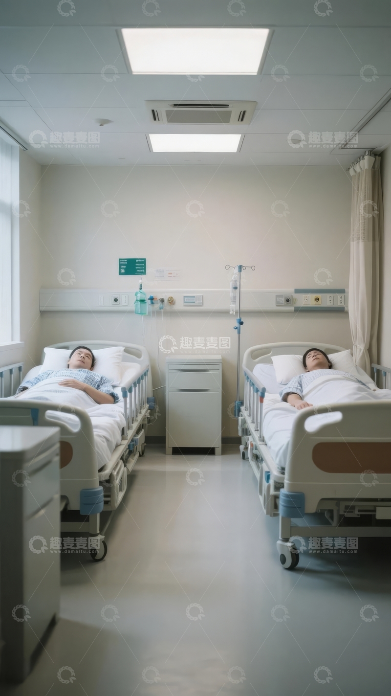 高清大图下载【趣麦麦图】医院病房内两名患者在病床上休息