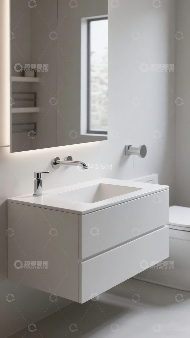 高清大图下载【趣麦麦图】现代简约风格浴室配备悬挂式洗手台和大镜子