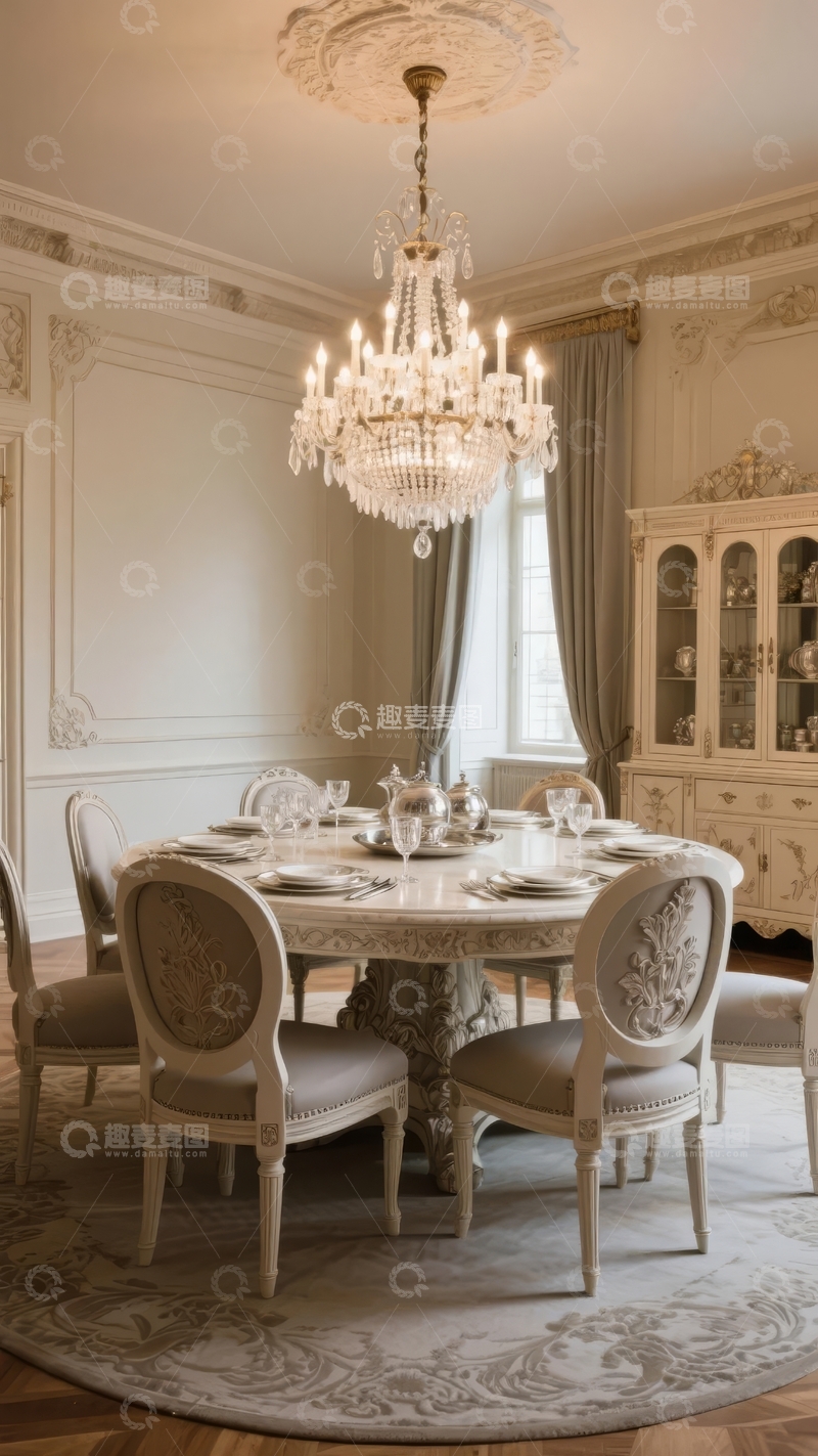 高清大图下载【趣麦麦图】-典雅欧式风格餐厅内景装饰精美餐桌椅与吊灯