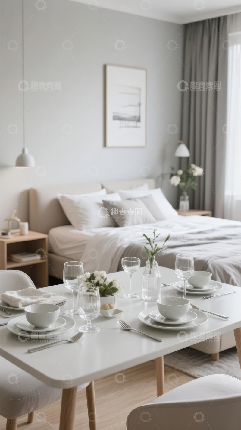 高清大图下载【趣麦麦图】现代简约风格的卧室与餐厅一体空间