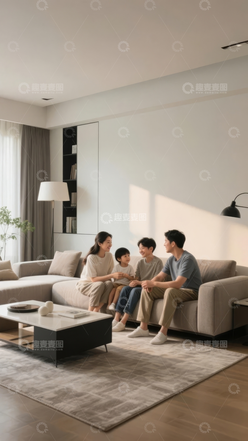 现代简约客厅一家四口温馨共处
