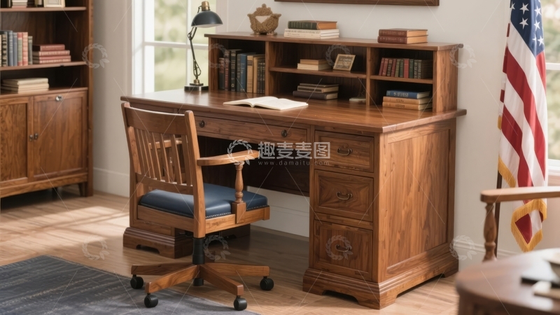 高清大图下载【趣麦麦图】木质办公桌椅与美国国旗的书房场景
