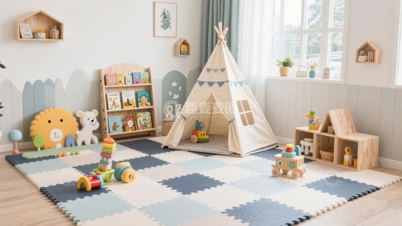 高清大图下载【趣麦麦图】儿童房内摆放着帐篷玩具架和彩色地垫