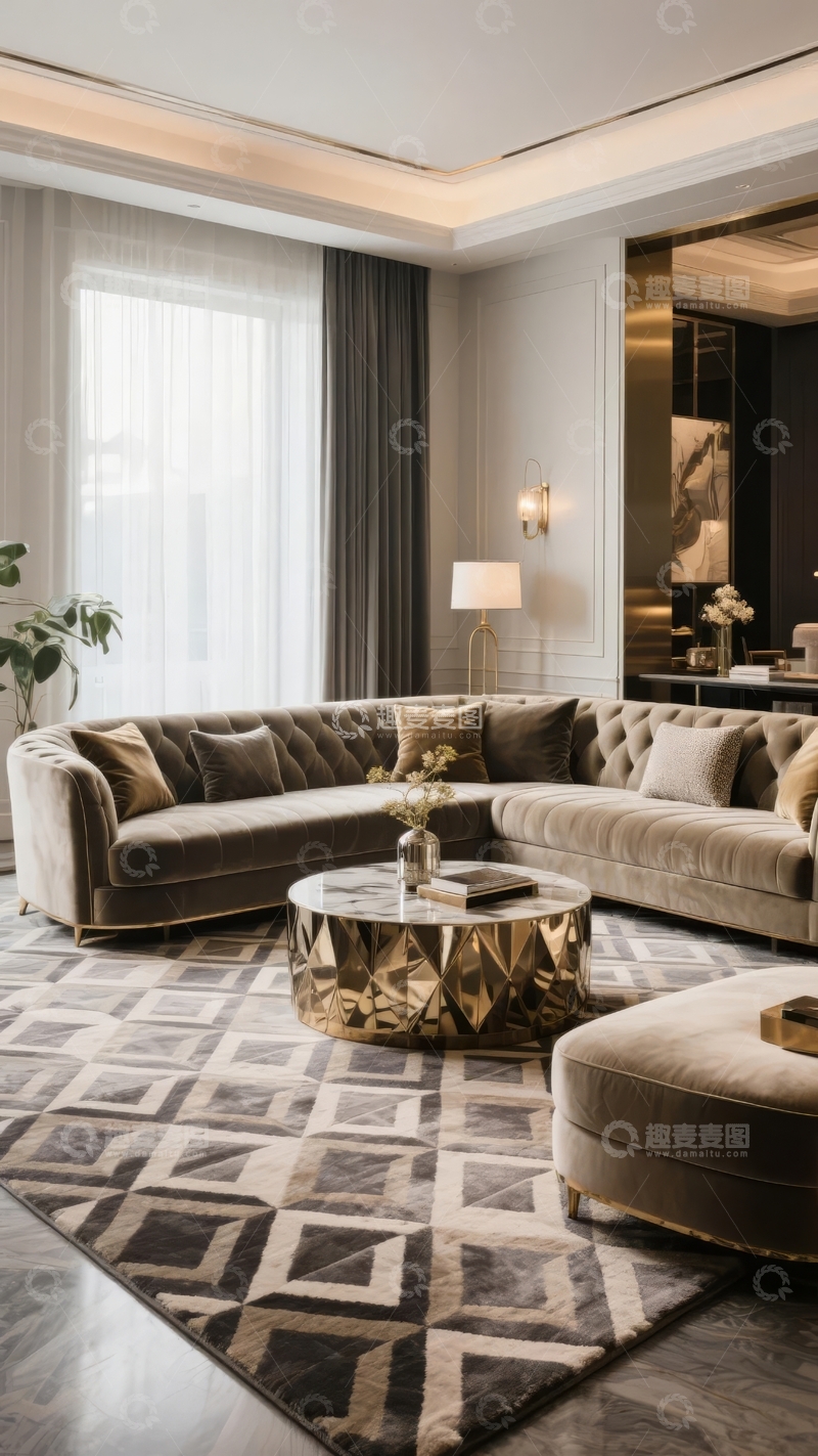 高清大图下载【趣麦麦图】现代奢华客厅设计配有绒面沙发和装饰地毯