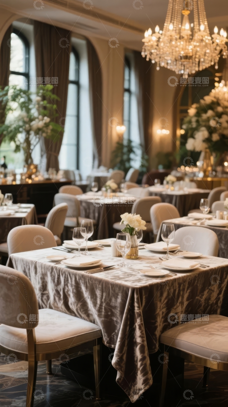 高清大图下载【趣麦麦图】豪华餐厅内景布置典雅餐桌整齐排列