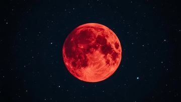 夜空中血红色的满月与闪烁的星星