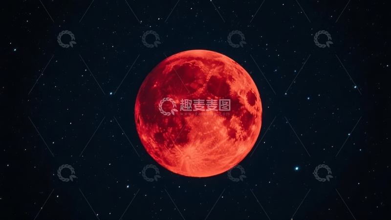 高清大图下载【趣麦麦图】夜空中血红色的满月与闪烁的星星