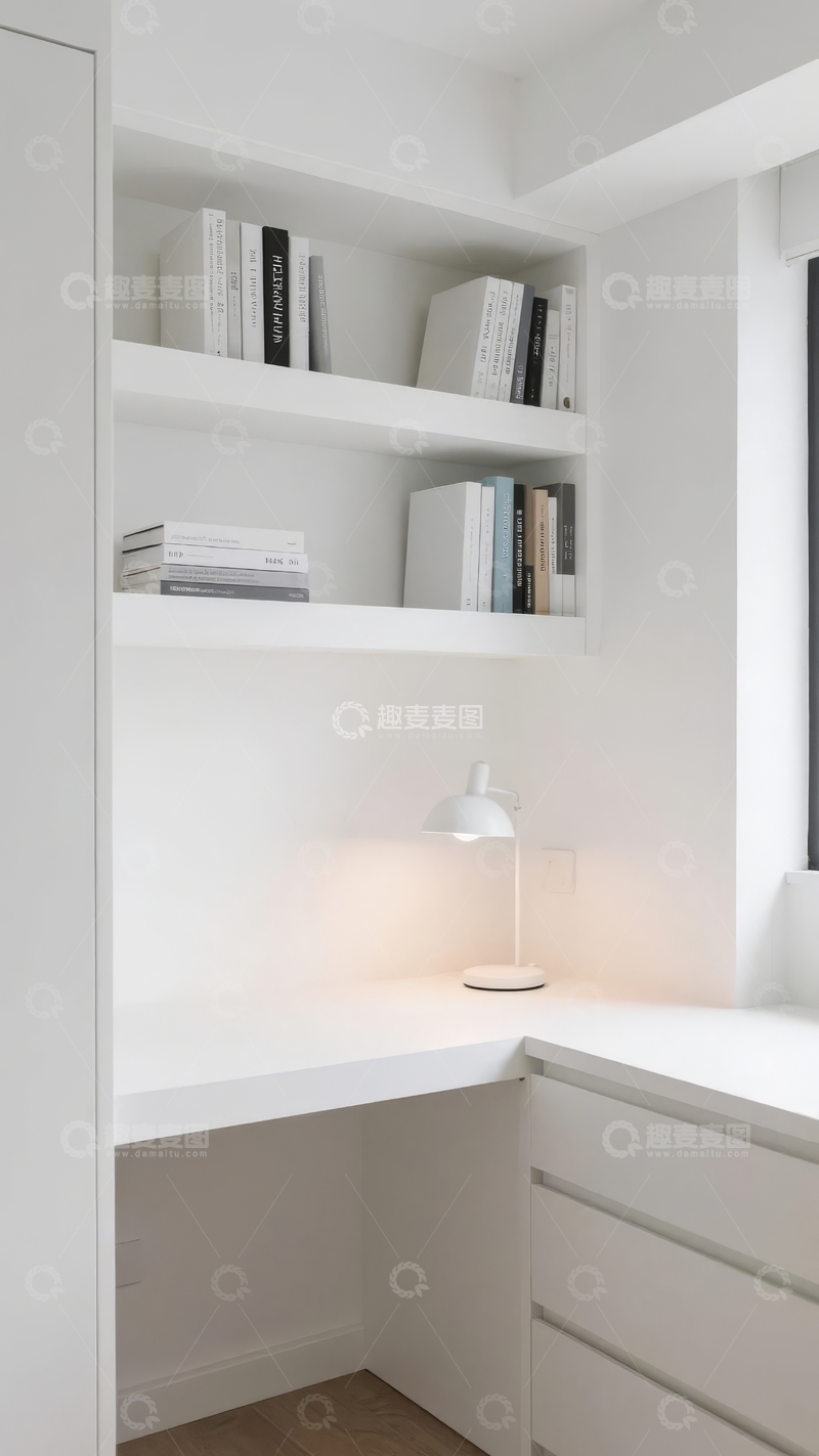 高清大图下载【趣麦麦图】现代简约风格的白色角落书桌与嵌入式书架组合