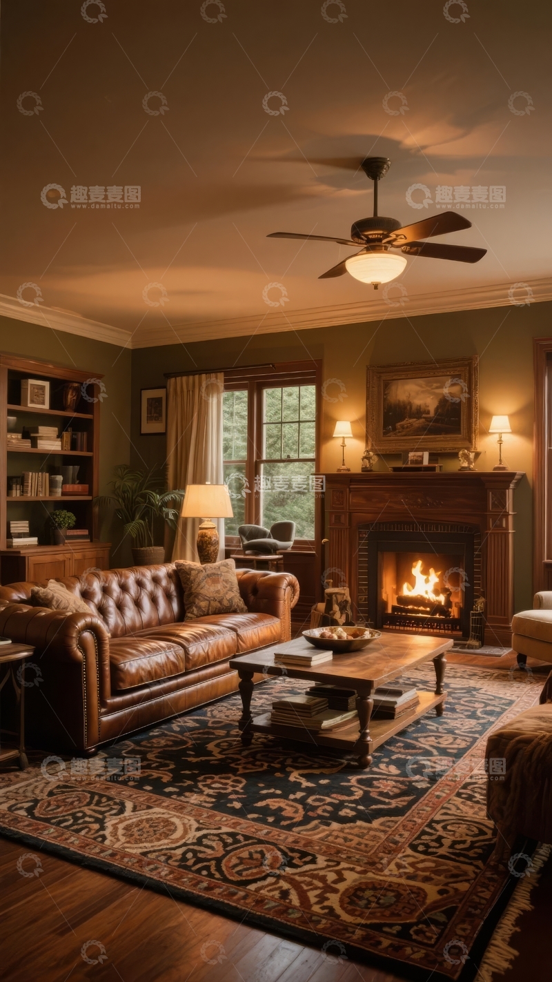 高清大图下载【趣麦麦图】温馨复古风格客厅配有壁炉和皮质沙发