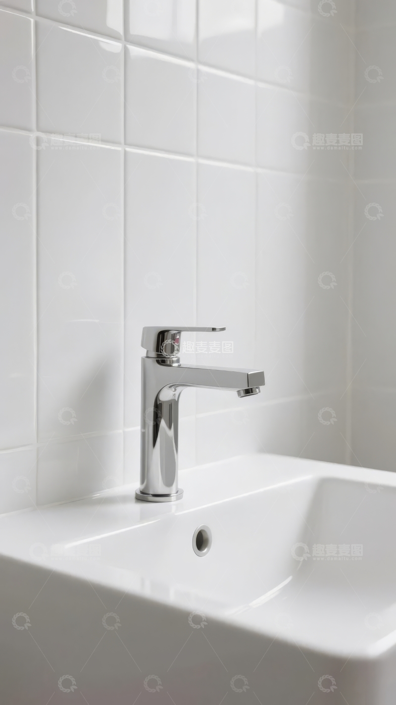 高清大图下载【趣麦麦图】现代浴室白色瓷砖墙面与银色水龙头