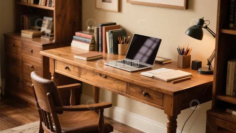 高清大图下载【趣麦麦图】木质书桌配笔记本电脑和文具的温馨书房一角
