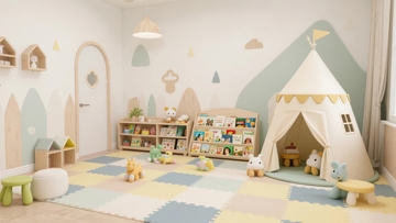 儿童游戏室布置温馨玩具帐篷书架摆满书籍
