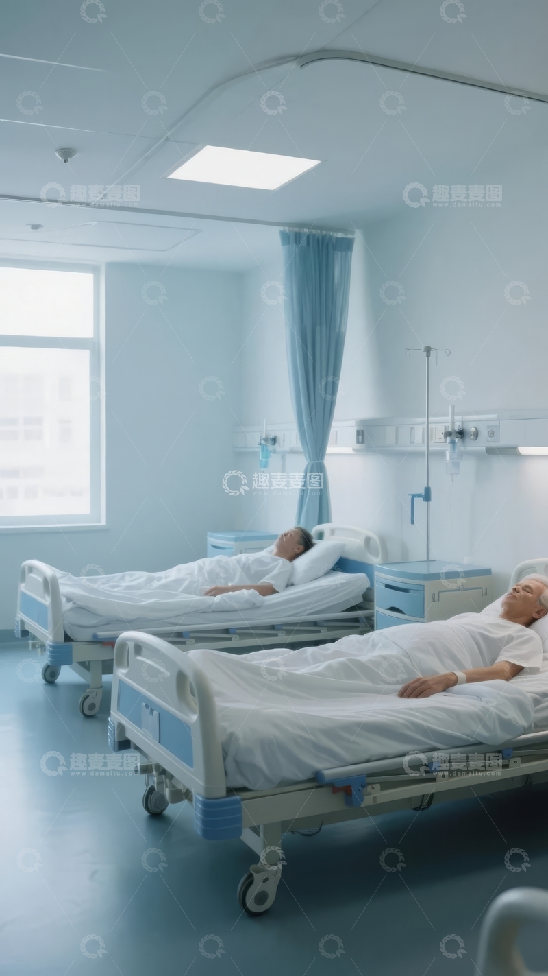 高清大图下载【趣麦麦图】医院病房内两名患者在病床上休息