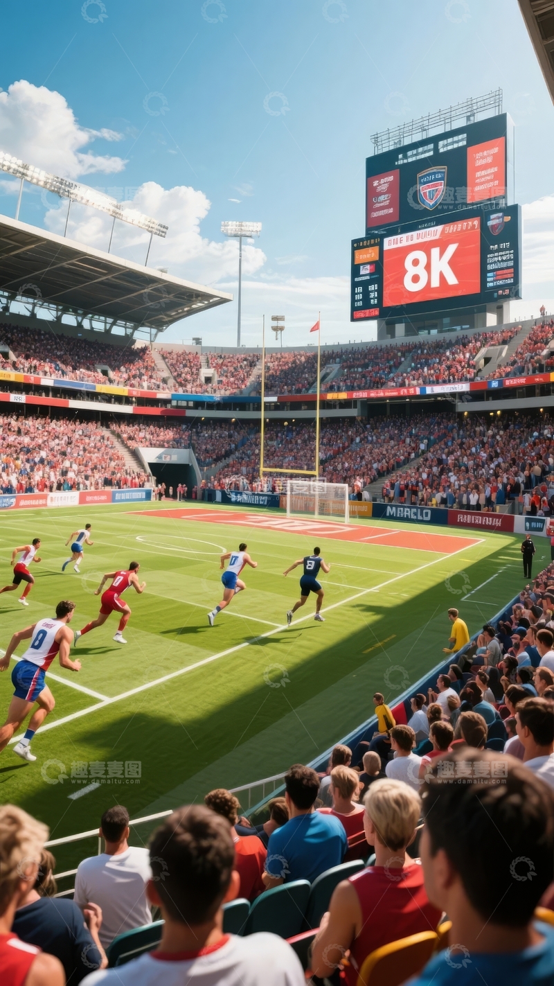 高清大图下载【趣麦麦图】-体育场内激烈足球比赛现场观众热情高涨