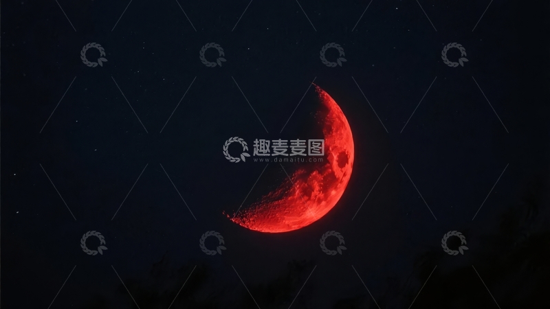高清大图下载【趣麦麦图】夜空中红色新月形月亮与闪烁星星的景象