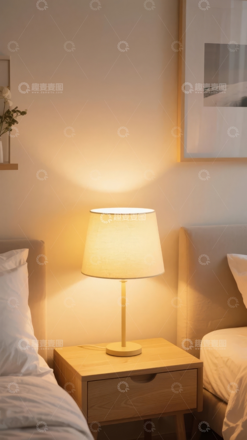 高清大图下载【趣麦麦图】温馨卧室一角床头柜上亮着台灯